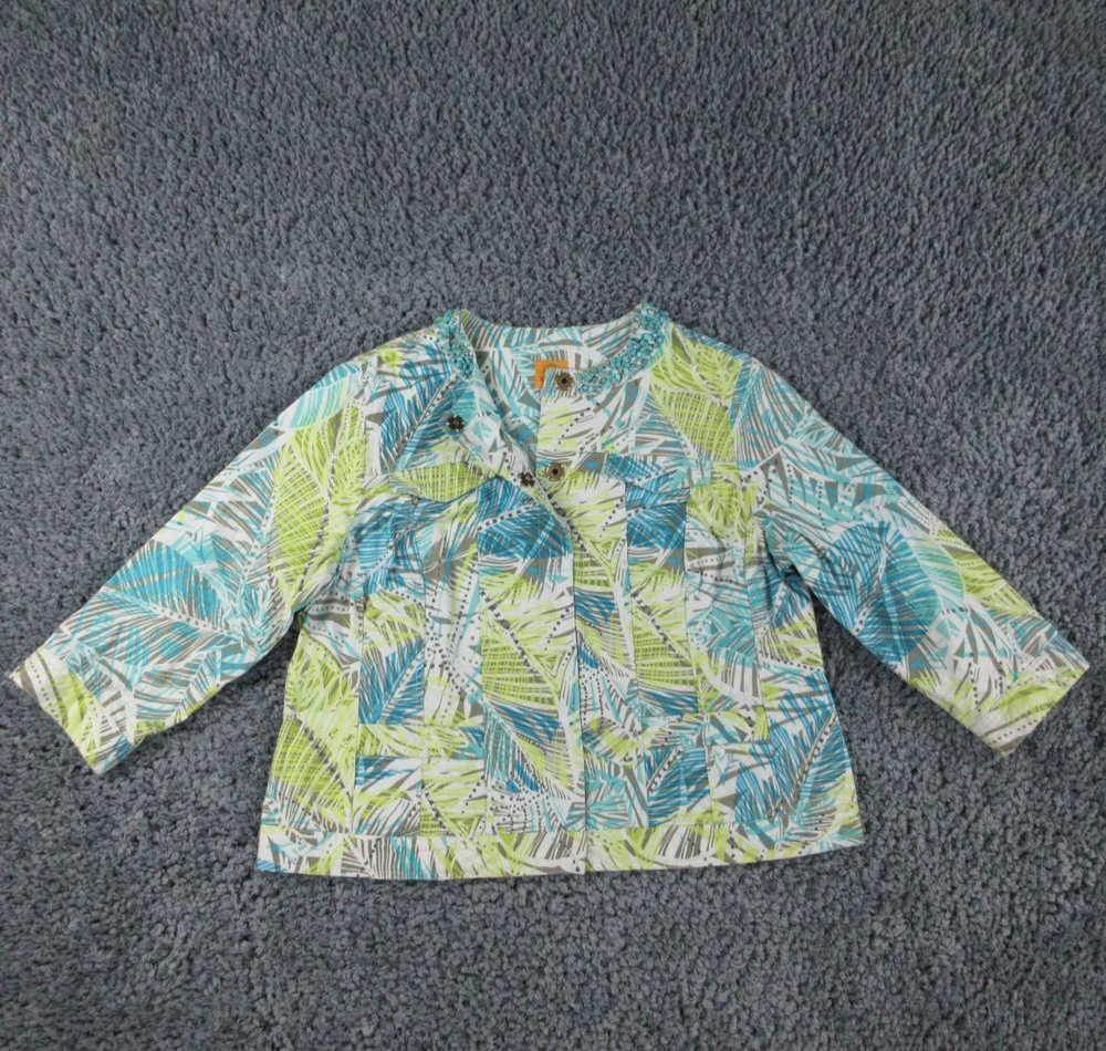 Ruby Road Jacket Womens 16W White Blue Green Floral Turquoise Embellished Denim